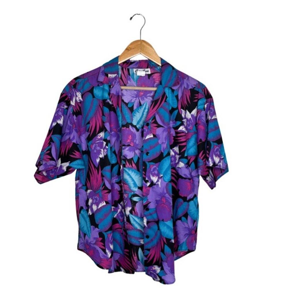 Y2K Caribou Button Up Hawaiian Womens Blue Purple Black Size 12 Cotton Blend